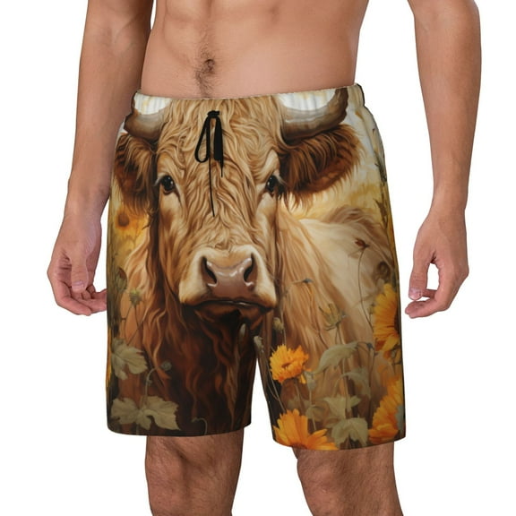 Picia Vintage Sunflower Cow pattern Mens Swim Trunks with Compression Liner Stretch Beach Shorts Quick Dry with Zipper Pockets No-Chafing Board Shorts-Small
