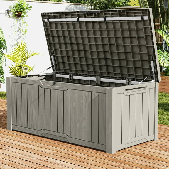 Uforic 120 Gallon Large Resin Deck Box, Lockable Outdoor Storage Boxes ,Waterproof, Light Brown