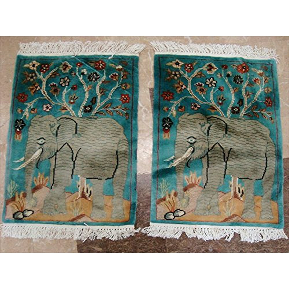 Wow Elephant Pair Area Rug Exclusive Hand Knotted Wool Silk Carpet (2 X