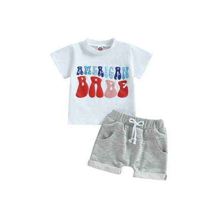 

American Bbay Boy Girl Clothes 4th of July OutfitsShort Sleeve Round Neck Tops + Summer Drawstring Shorts Set