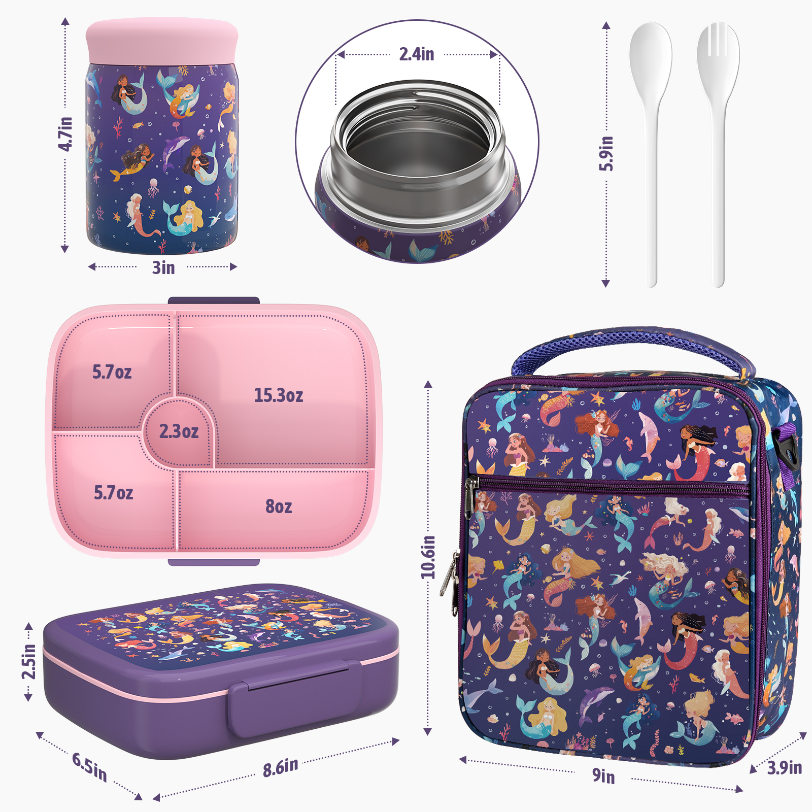 TeSabMi Bento Lunch Box for Kids Insulated Bento Box with Leak Proof Thermos Food Jar  Purple Mermaid