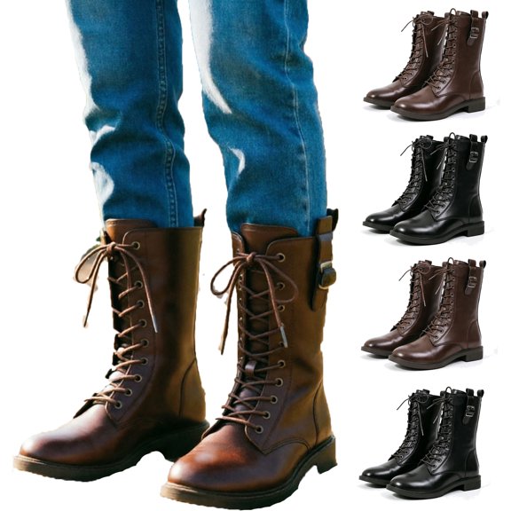 Tqyyweavej Women's Combat Boots Low Block Heel Lace Up Vintage Booties Mid Calf Side Zipper Solid Color Round Toe Shoes, Gifts for Women