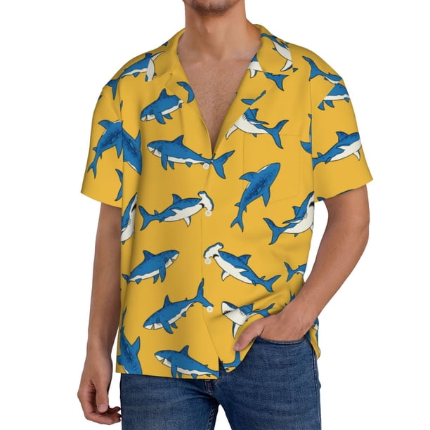 Fotbe Shark Print Camisa Estampada de Manga Corta para Hombre, Casual de Verano, Estilo Playero, Sin Arrugas-4X-Large