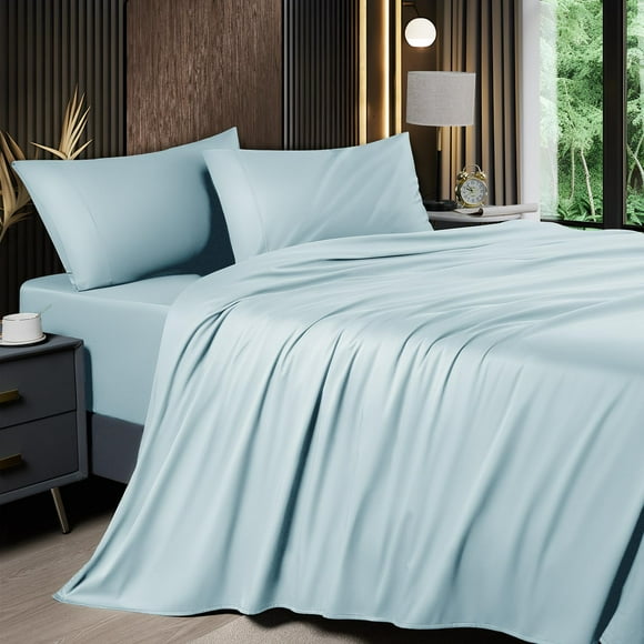 Shilucheng 4-Piece Queen Size Sheets Set,Rayon Derived from Bamboo_,Cooling & Breathable Bed Sheets, Silky Bedding Sheets & Pillowcases, 16 Inch Deep Pockets (Queen,Spa Blue)