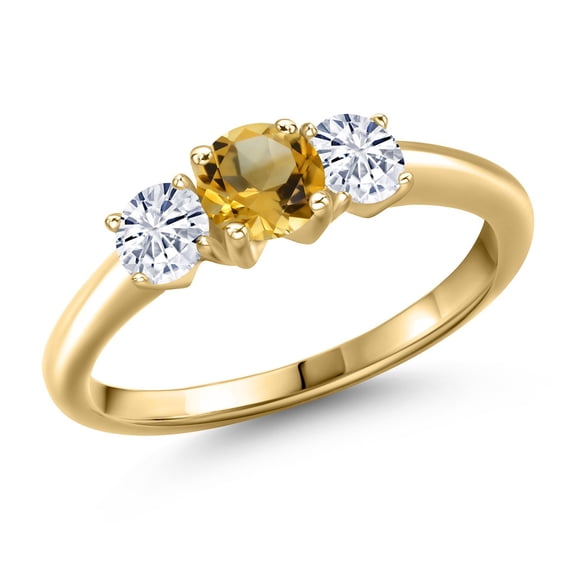 Gem Stone King 10K Yellow Gold Yellow Citrine and White Moissanite Engagement Ring for Women | 0.91 Cttw | Round 5MM | Gemstone November Birthstone | Size 6