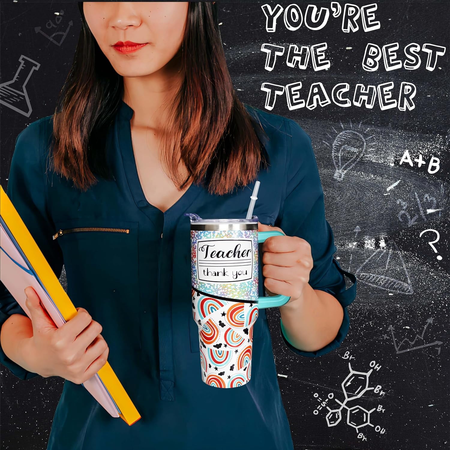 Teacher 40 oz Tumbler Appreciation Gifts for Women with Handle Insulated Stainless Steel Thank You Teacher Travel Coffee Mug with Lid and Straw Gifts