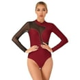 thumbnail image 2 of inhzoy Rhinestones Gymnastics Leotard for Women Mesh Splice Ballet Dance Bodysuit Figure Ice Skating Dance Costume Burgundy M, 2 of 8