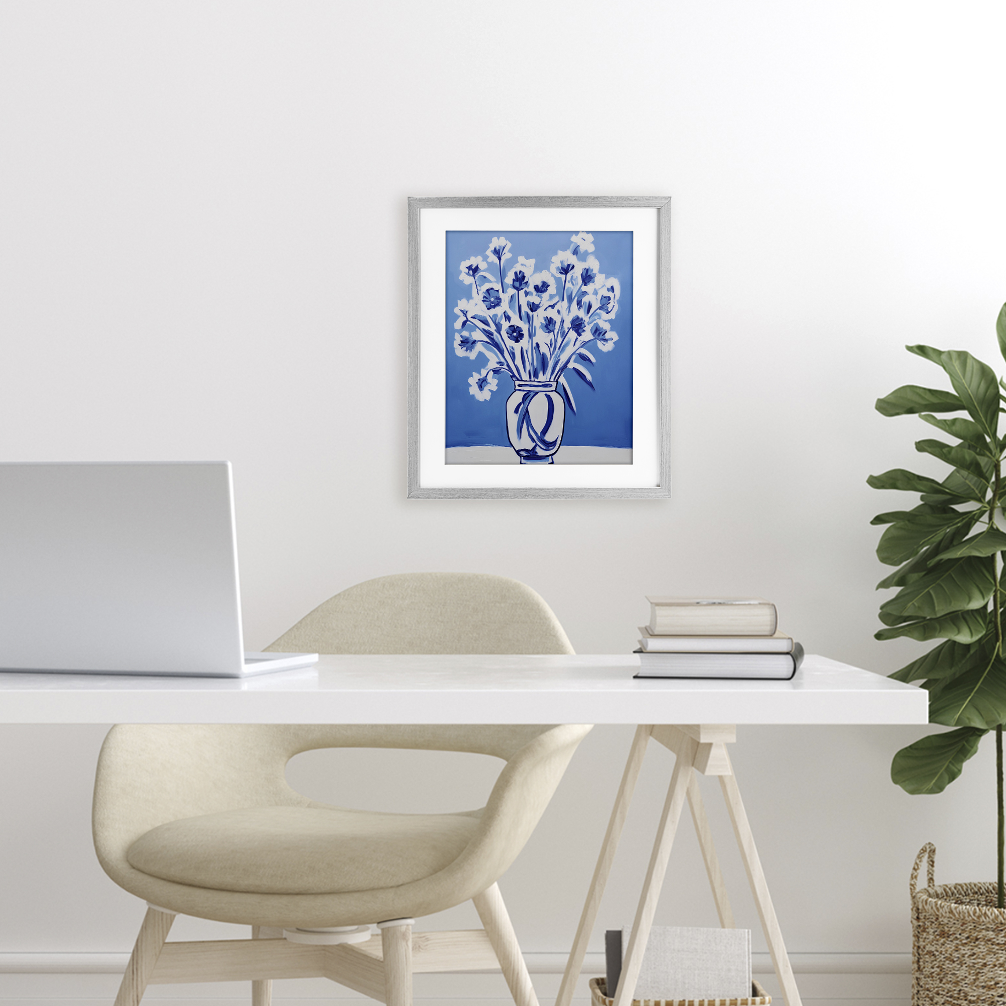 Blue & White Contrast Flowers Gray Framed Print Under Glass, design by Lettered and Lined