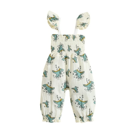 

Baby Girls Floral Jumpsuit Ruffle Shoulder Straps Bodysuit Infant Fly Sleeveless Romper Overalls