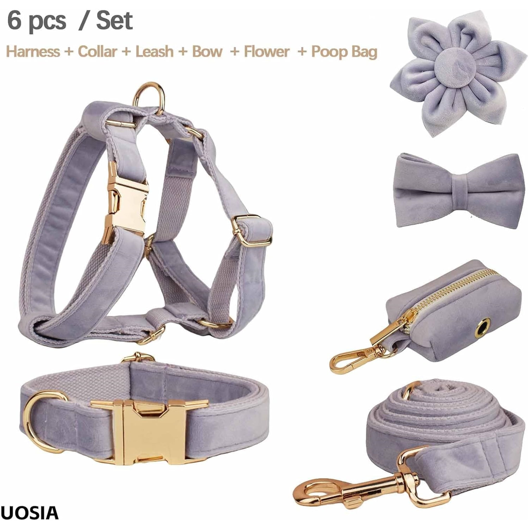 Collar & Leash Set with Metal Buckle No Pull Dog Harness,  Includes Flower，Bow & Poop Bag,Light Purple,S