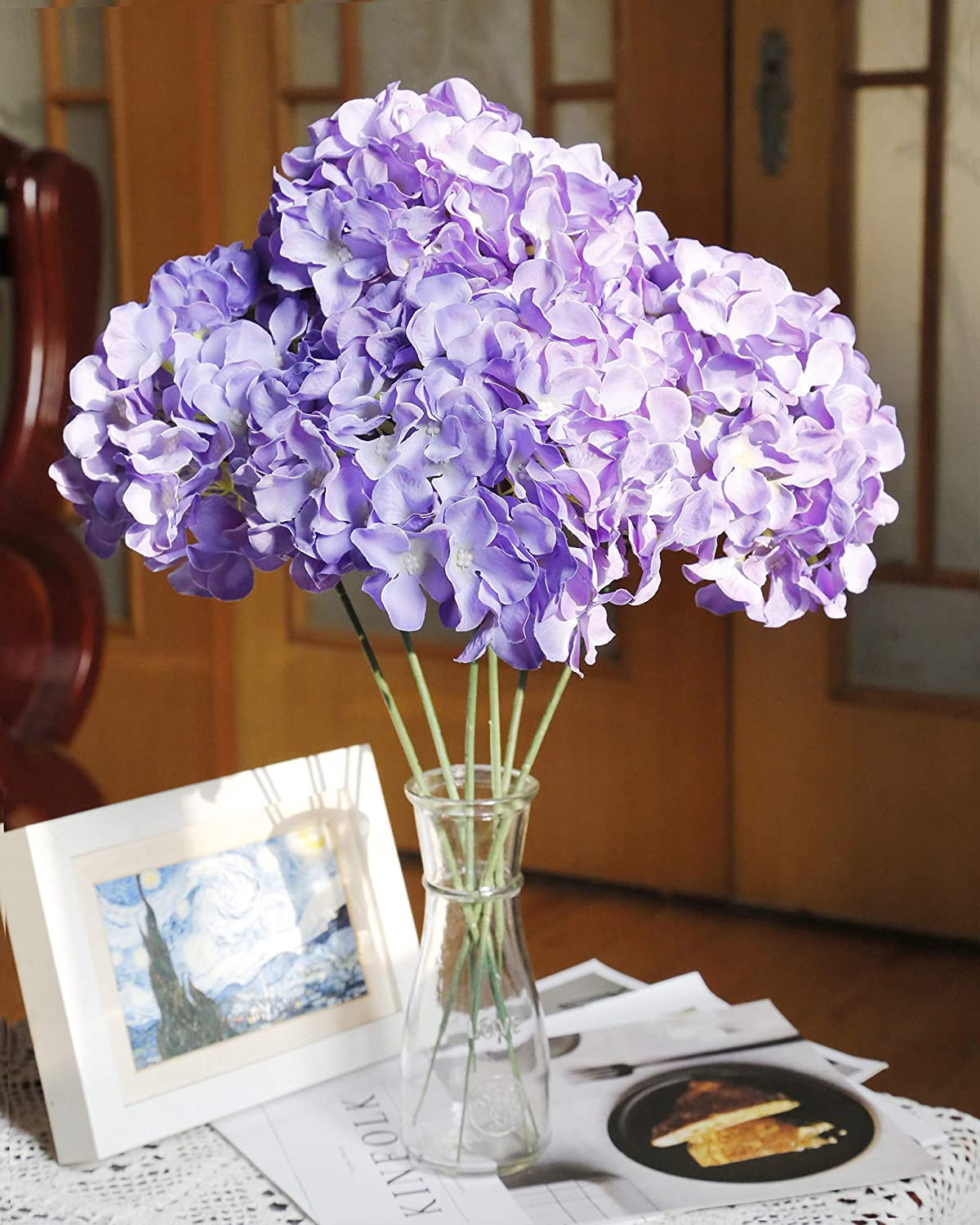 Silk Hydrangea Artificial Flowers Heads with Stems for Wedding Home Decor Pack of 6 (Purple)