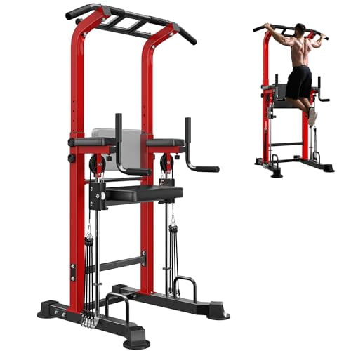 soges Power Tower Dip Station with Assisted Pad, Height Adjustable Pull Up Bar Station for Home Gym, Multi-Function Strength Training Full Body Workout Equipment, 330 Lbs, Red