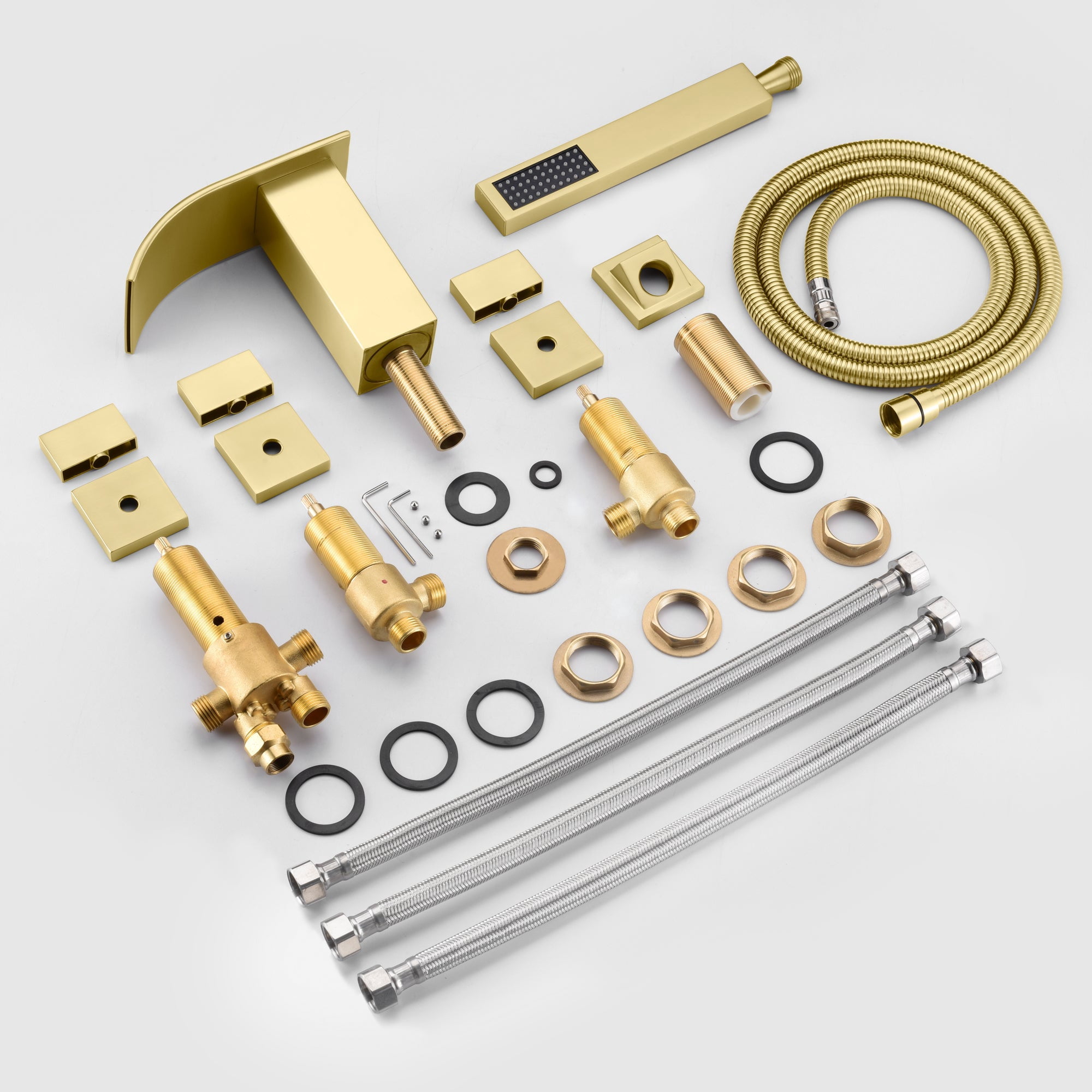 SUMERAIN 5 Holes Roman Tub Faucet Set,Deck Mount Waterfall Bathtub Faucet with Handheld Shower Brushed Gold