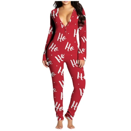 

Tangnade home pajamas Ladies Christmas Printed Half-removable Button Functional Long Sleeve Button Flip Adult Pajamas the Jumpsuit Red XL