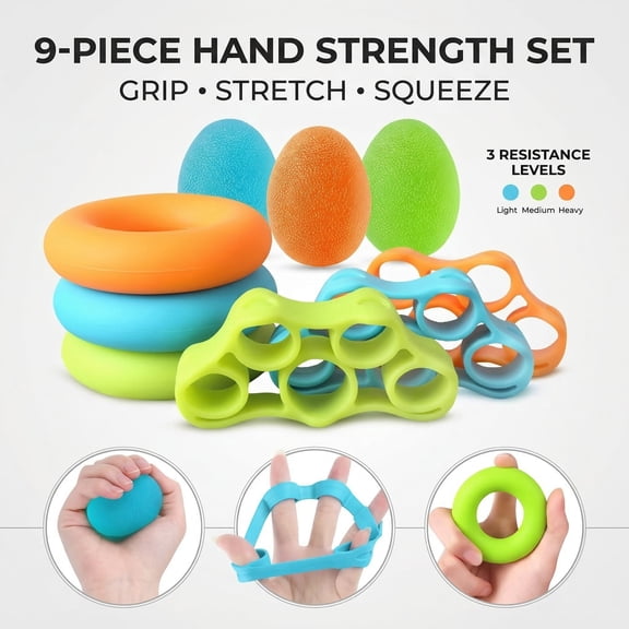 CNDRLEF 9-Piece Hand Grip Strengthener Kit, Silicone Grip Rings, Stress Balls & Finger Stretchers, 3 Resistance Levels