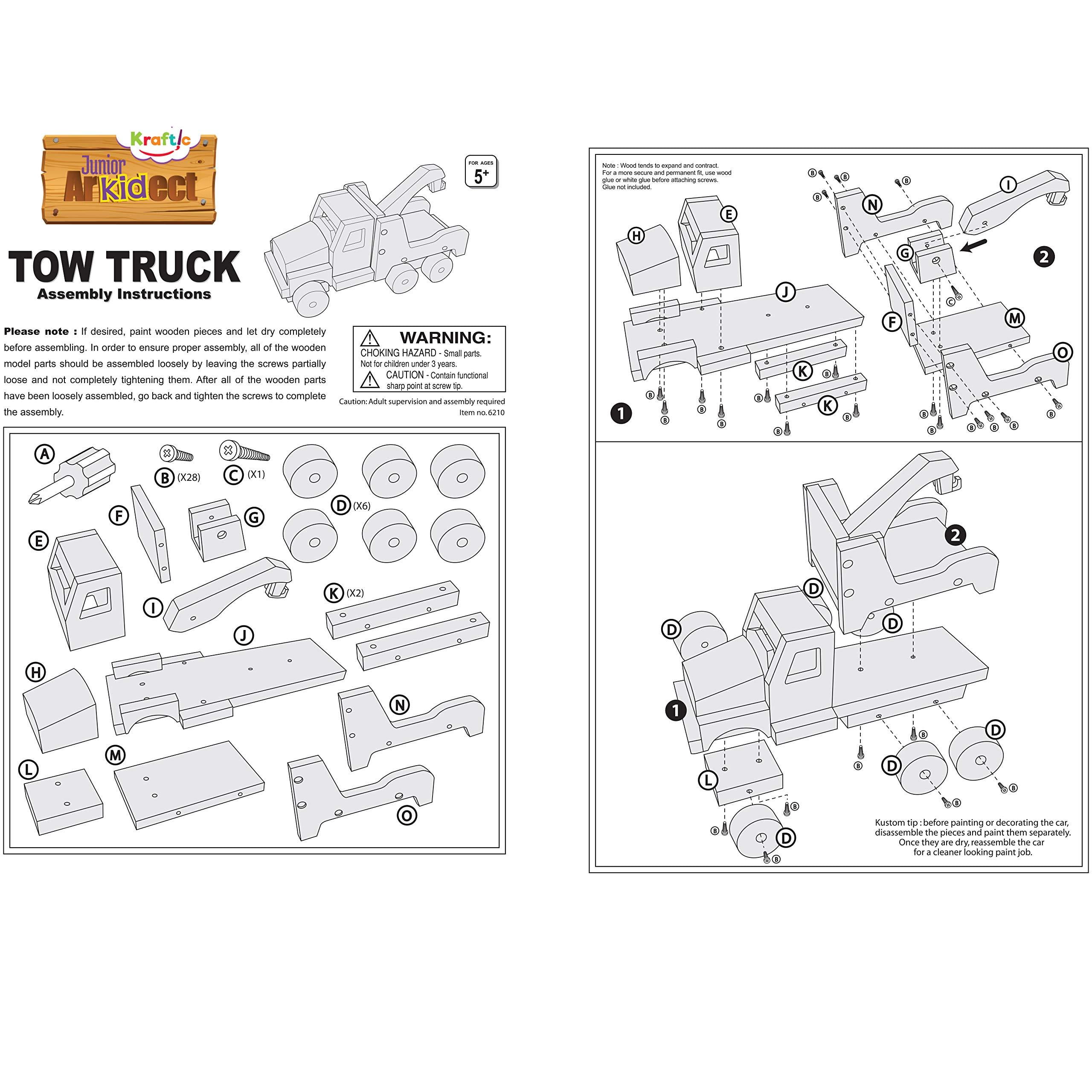 Kraftic Woodworking Building Kit for Kids and Adults, with 3 Educational DIY Carpentry Construction Wood Model Kit Toy Projects for Boys and Girls - Tow Truck, Birdhouse and Dump Truck
