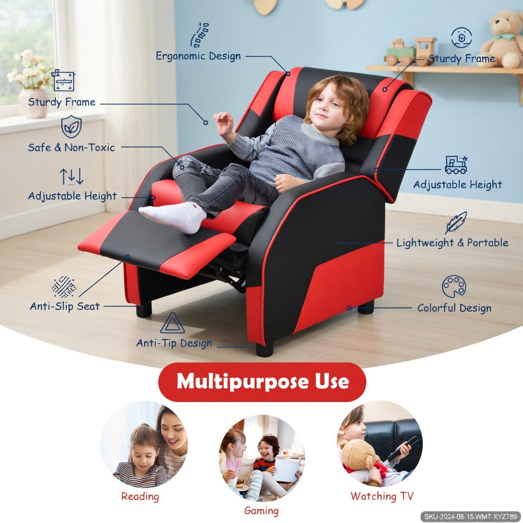 Barara King Kids PU Leather Recliner Chair with Headrest and Footrest, Kids Gaming Sofa Recliner Chair for Living Room, Bedroom, Red
