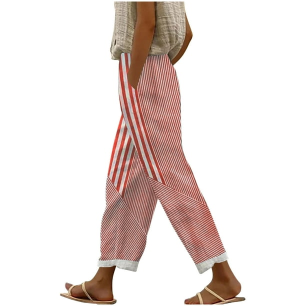 Amzcrzy Pantalones De Lino Mujer Capri Rayas Moda Pierna Recta Ligeros Holgados Casuales Playa Vacaciones Verano Con Bolsillos Tallas S-2XL Rojo