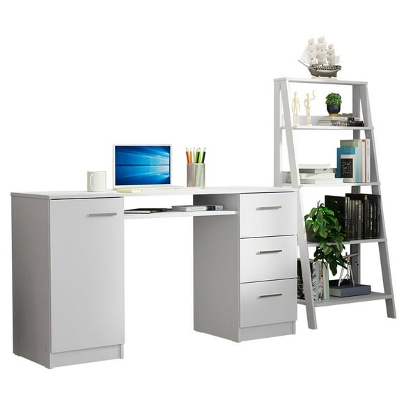 Madesa Home Office Desk 53" + Ladder Shelf Standing Bookcase - White