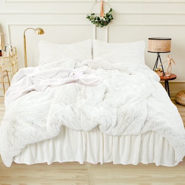 Piccocasa 4 Pieces Duvet Cover Set Plush Fluffy Quilt With Velvet Bedskirt White Queen Com - Plush Duvet Cover White