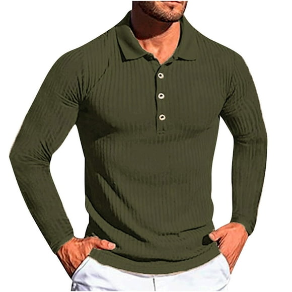 yievot Men's Knit Polo Shirts Lapel Long Sleeve Shirt Fashion Button Solid Color Slim Fit Tee Shirts