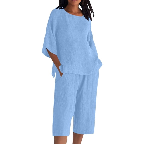 MaFYtyTPR 2 Piece Sets for Women Cotton Linen Solid Color Short Sleeve Crew Neck Shirt and Loose Wide Ledg Pants Casual Lounge Set for Summer A-Blue L