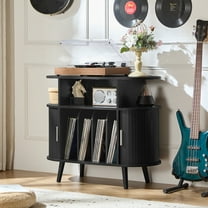 LELELINKY Record Player Stand with Storage, Mid-Century Record Player Table with Power Outlet, Vinyl Record Storage Shelf for Living Room (Black)