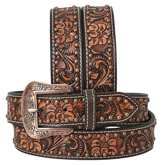BE BAR H EQUINE Floral Genuine Hand Tooled Western Fashion Premium Leather Men And Women Belt Brown
