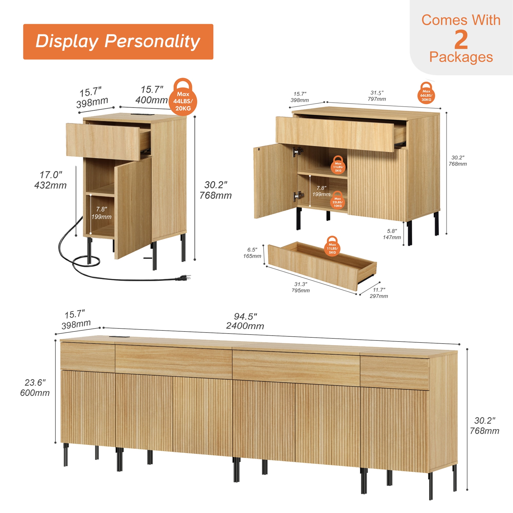 94.5" Modern Reeded Dresser TV Stand for TVs up to 100 Inch, Entertainment Center with Charging Station, Wooden TV Console with Storage for Living Room