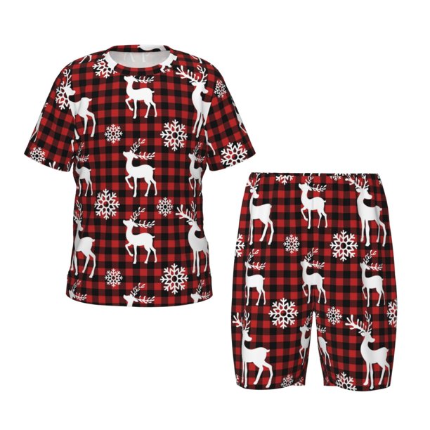 Fotbe Plaid Reindeer Snowflakes Pijama Estampada de 2 Piezas para Niños – Ropa de Dormir de Manga Corta Cómoda para Niños y Niñas, Camiseta y Shorts de Algodón-XX-Large