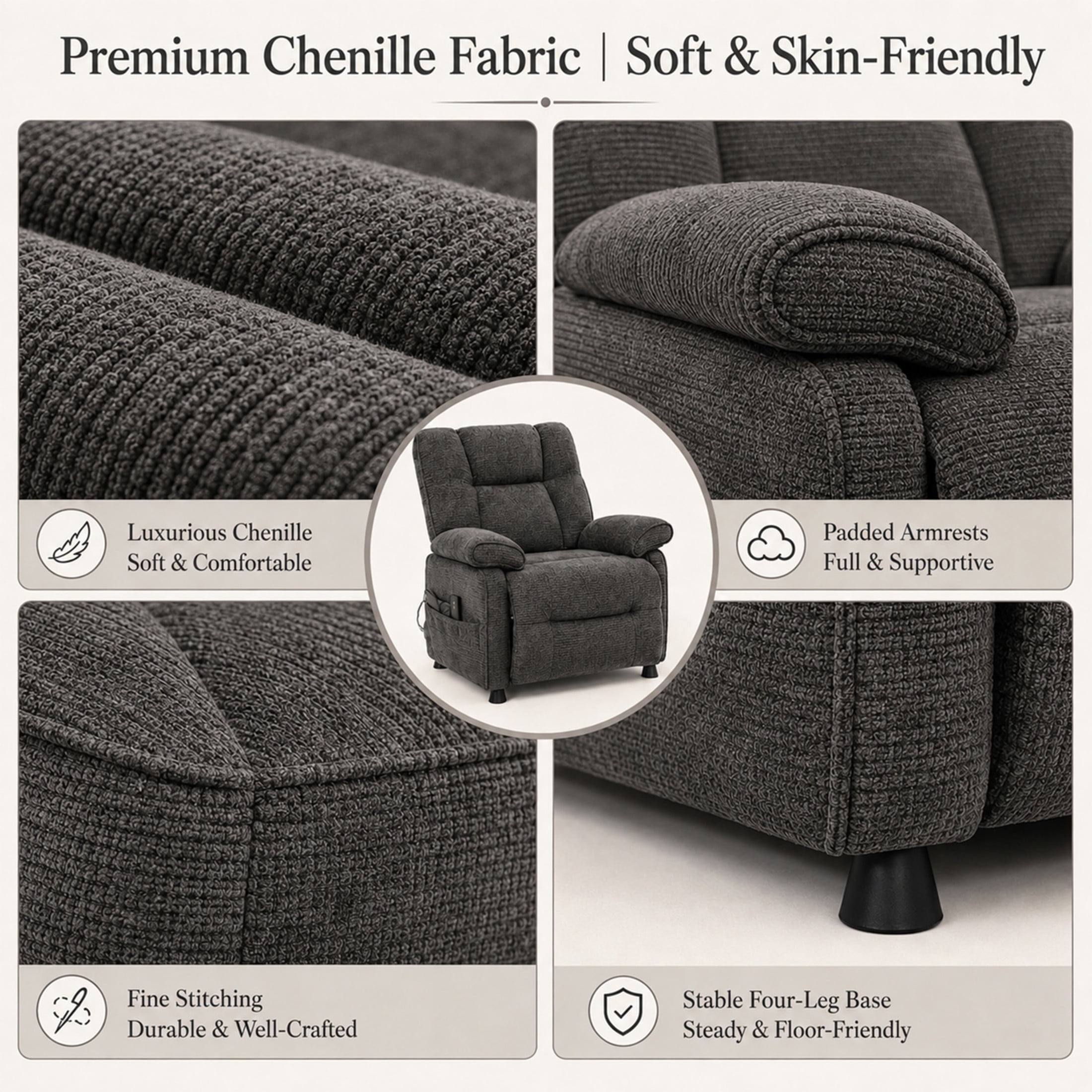 GDF Studio Rosane Electric Power Recliner Chair with Side Storage Pocket, Chenille Multi-Scene Lounge Chair, Dark Grey