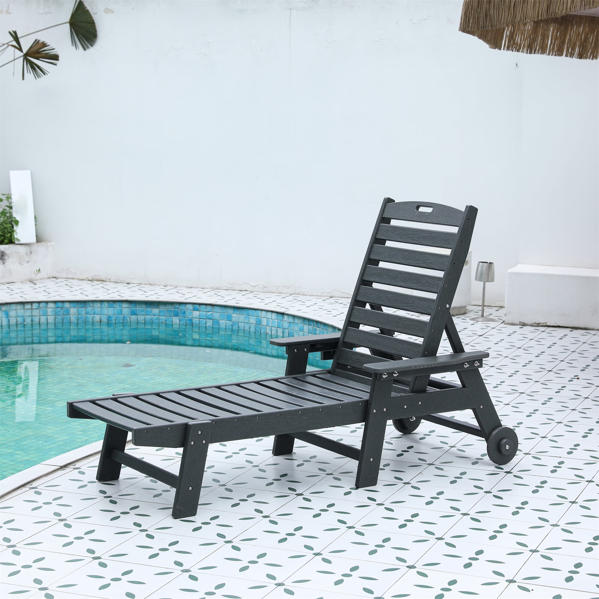 Aukfa 75" HDPE Outdoor Patio Chaise Lounge Chair with Cup Holder&Wheels, Adjustable Backrest, Gray
