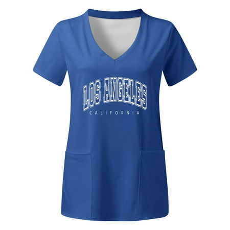 

TAIAOJING Women Scrubs Top Plus Size Top V Neck Short Sleeved Pockets Prints T Shirt