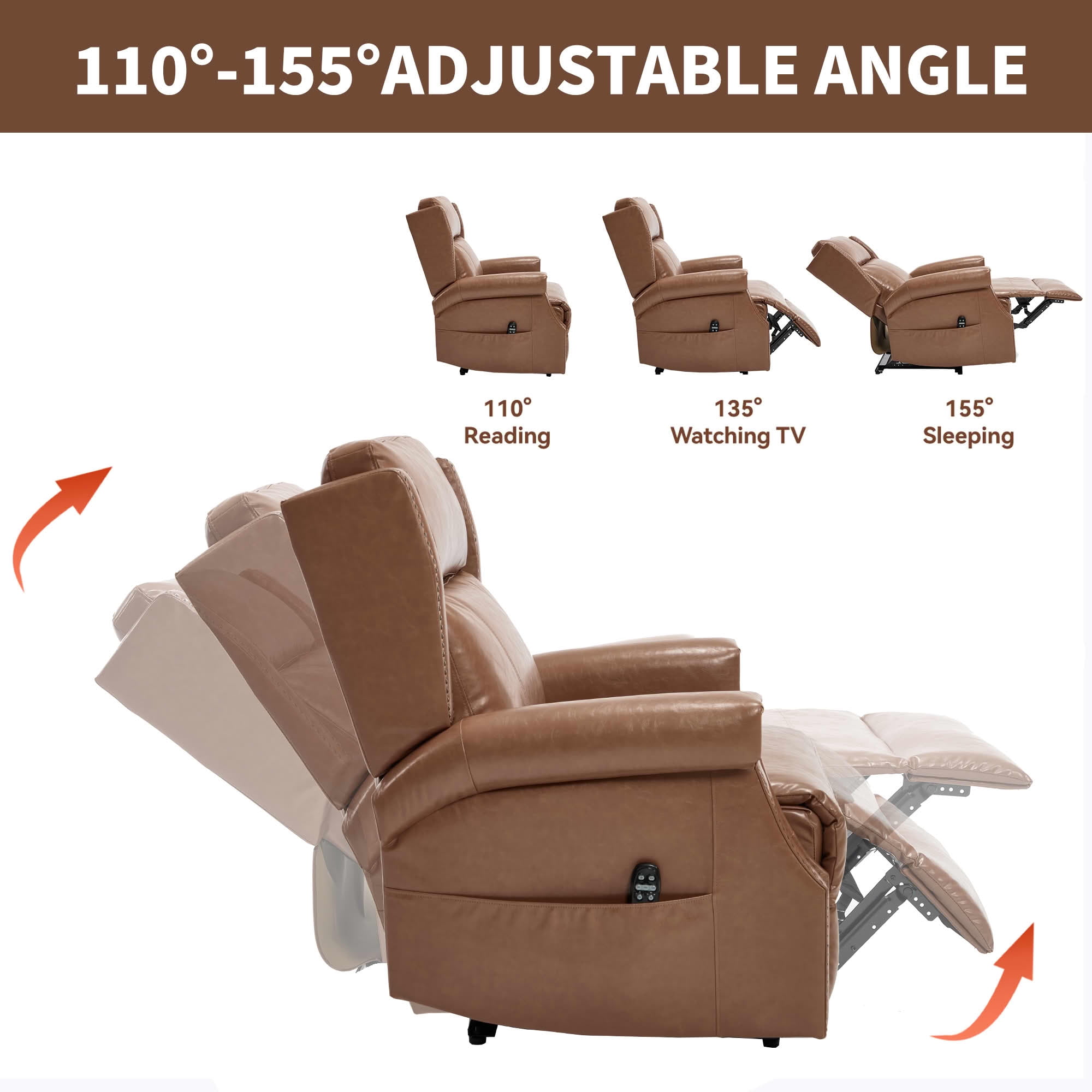 MAYEERTY Camel Faux Leather Manual Recliner Chair, 8 Nodes Massage Heat 155° 35"x38"x40" for Living Room