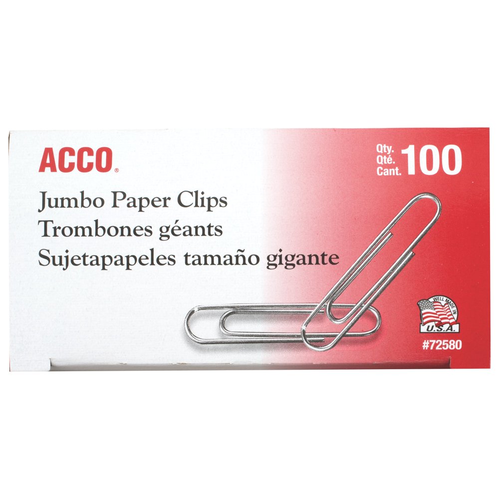 ACCO Smooth Standard Paper Clip, Jumbo Size, Silver Color, 1 Box 100
