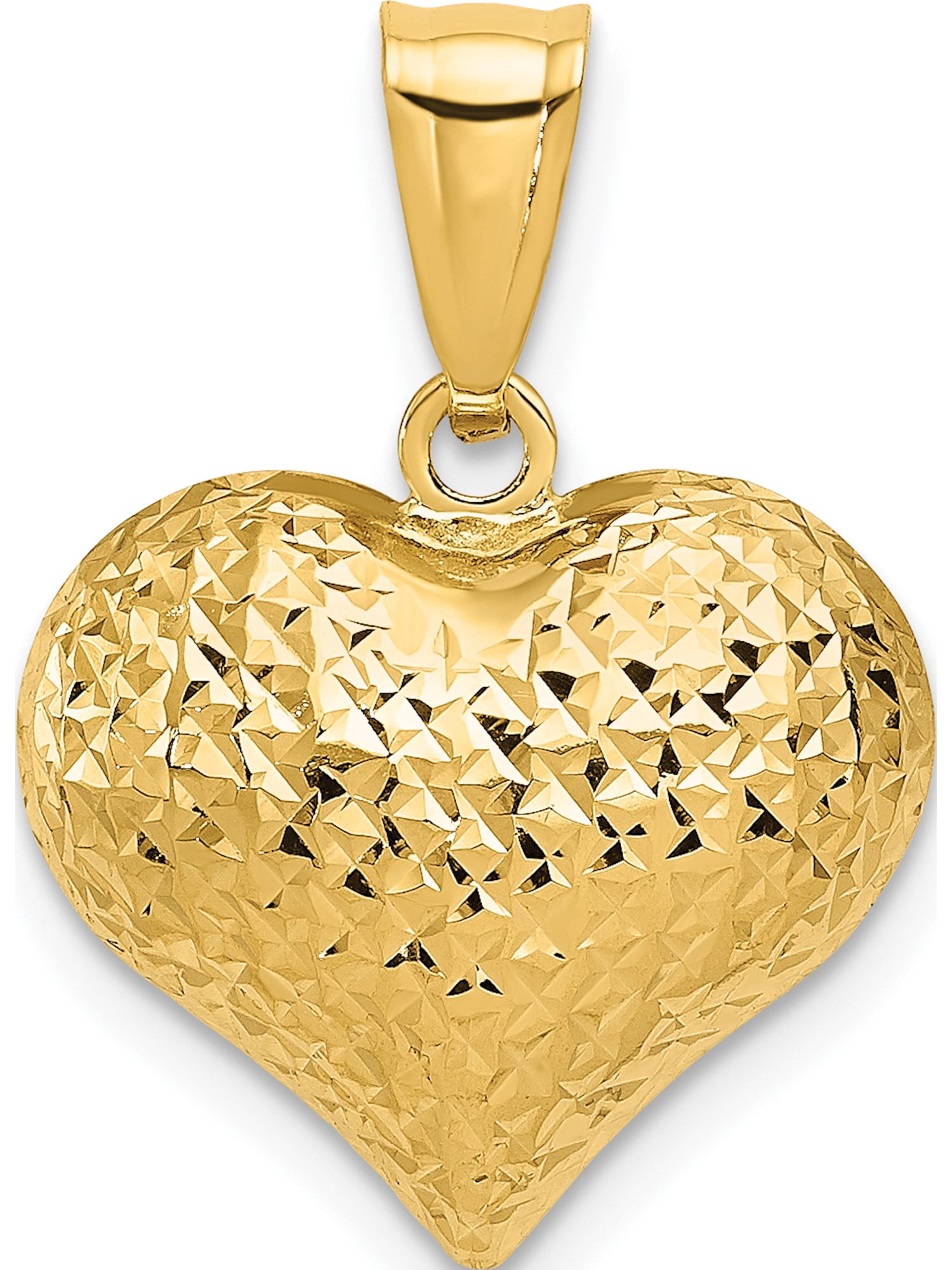 14K Yellow Gold Puffed Diamond Cut Heart Charm Pendant