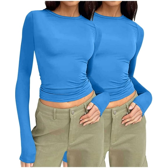 Frostluinai 2 Pack Y2K Shirts for Women Long Sleeve Ruched Tops Crew Neck Workout T Shirts Solid Color Slim Fit Blouses Soft Crop Tees