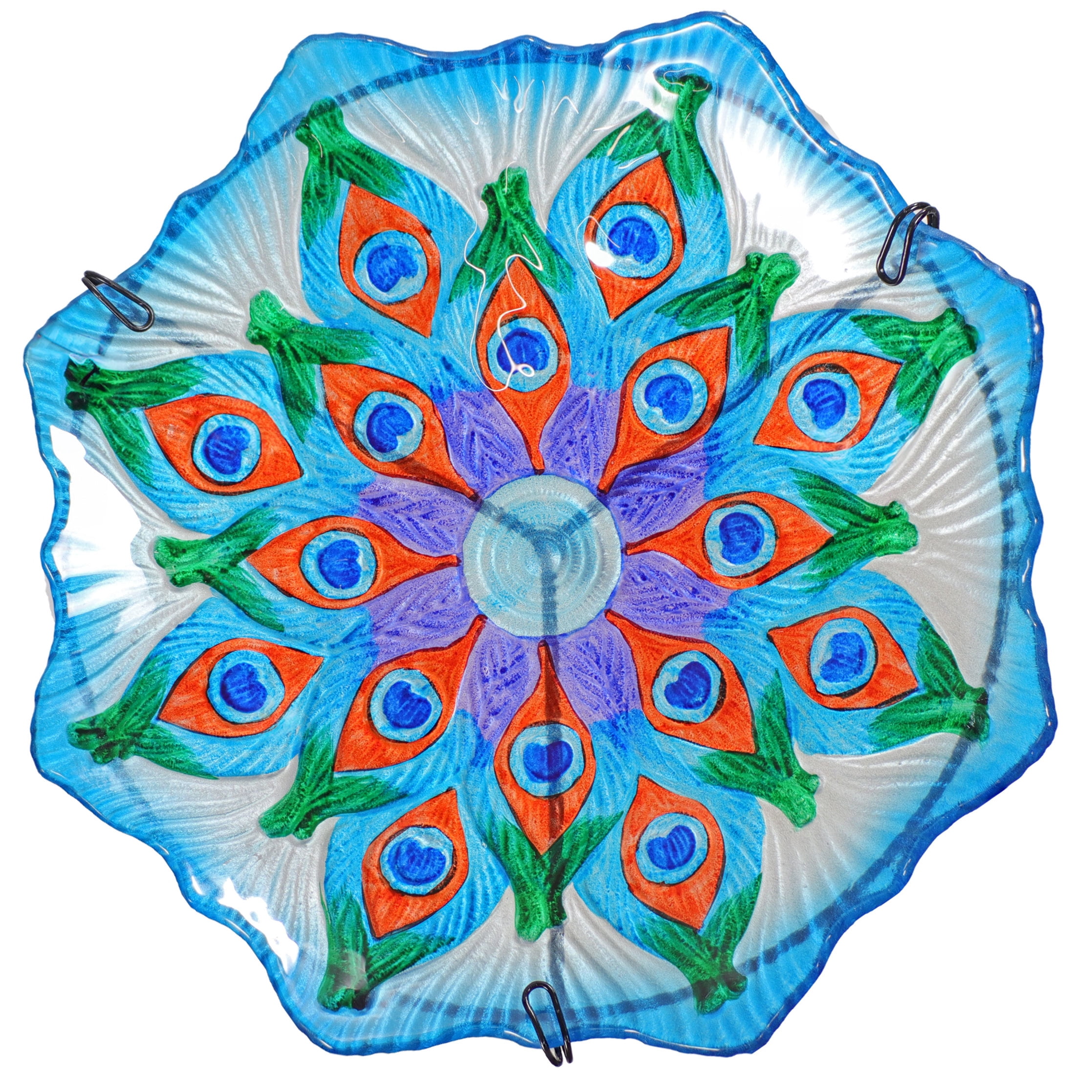 Sunnydaze Staked or Deck Mount Glass Outdoor Bird Bath Bowl, Exquisite Feathers