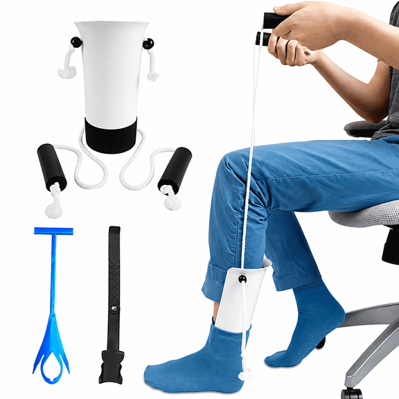 Sock Aid Kit, Flexible Sock Aid Device with Long Rope - Sock Puller aid Easy on and Off Device for Putting On and Removing Socks or Stockings, Sock Helper for Independence and Comfort (White)