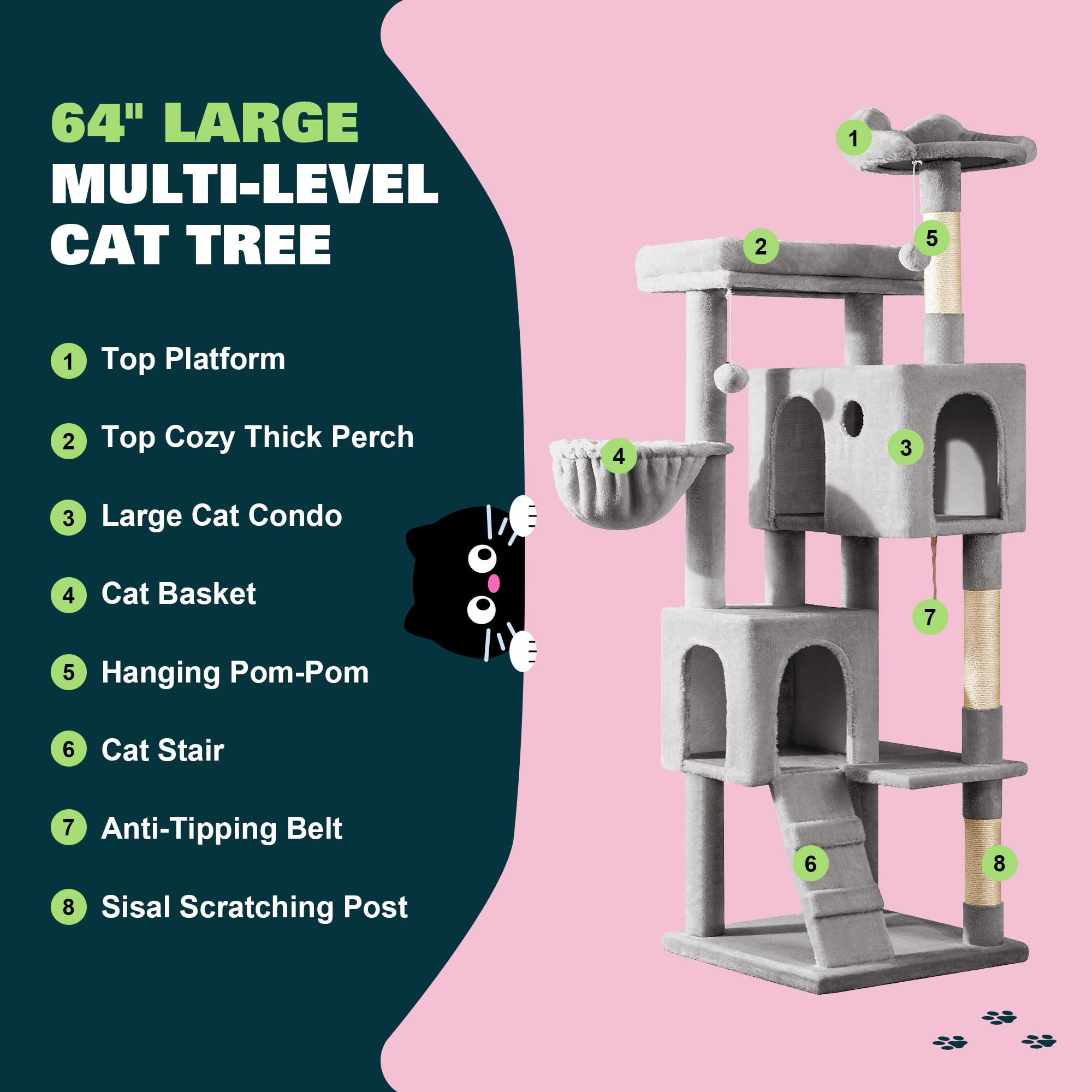 Amolife 64" Large Cat Tree and Tower with Stair, Condo House & Scratching Posts for Indoor Cats, Gray