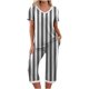 thumbnail image 1 of Qucoqpe - Conjuntos de pijama cómodos para mujer, con cuello en V y manga corta, pantalones anchos con estampado de rayas, estilo capri holgado, 1 of 5