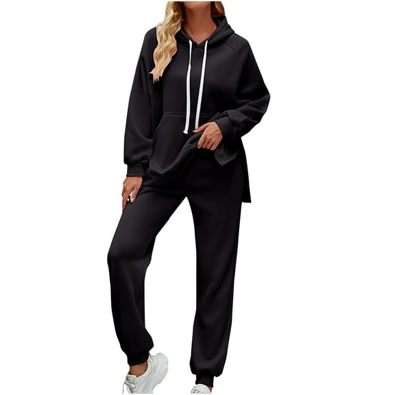 Women's Two Piece Matching Workout Sets Pullover Split Hem Hoodies with Jogger Pants