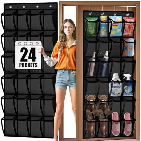 Over the Door Shoe Organizer, 24 Pockets Black Hanging Shoe Organizer Mesh Hanging Shoes Rack for Door, Large Breathable Organizer Door Hanger for Shoes Space Saving Hangs Storage Holder