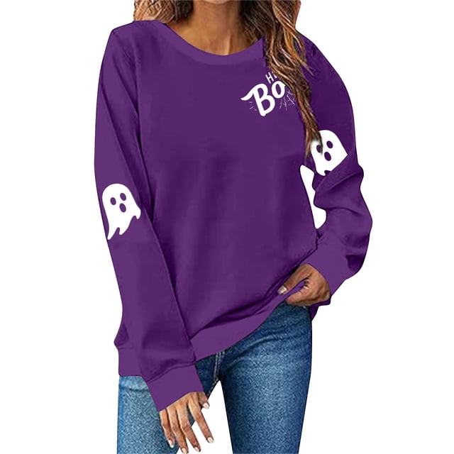 NMMUED Chandails d'Halloween pour Femmes, T-Shirts à Manches Longues pour Femmes, Cadeaux d'Halloween pour Femmes, Chandail à Col Rond Surdimensionné pour Femmes, Hauts d'Halloween pour Femmes, Chandails Graphiques, Violet TG