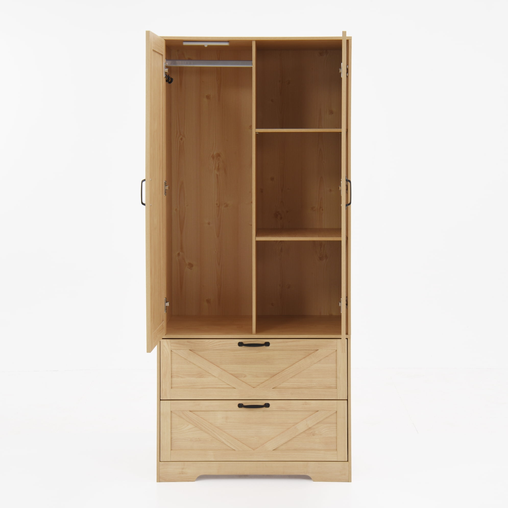 Noble House 2 Doors Wardrobe Closet with Mirror, Drawers and Hanging Rod, Natural