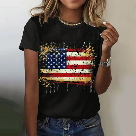 Patriotic T Shirts for Women Patriotic T Shirt for Women American Flag Shirts Red White and Blue Women Tops 4th of July Tee Women's Independence Day Printed Round Neck Short Sleeved T-Shirt Top