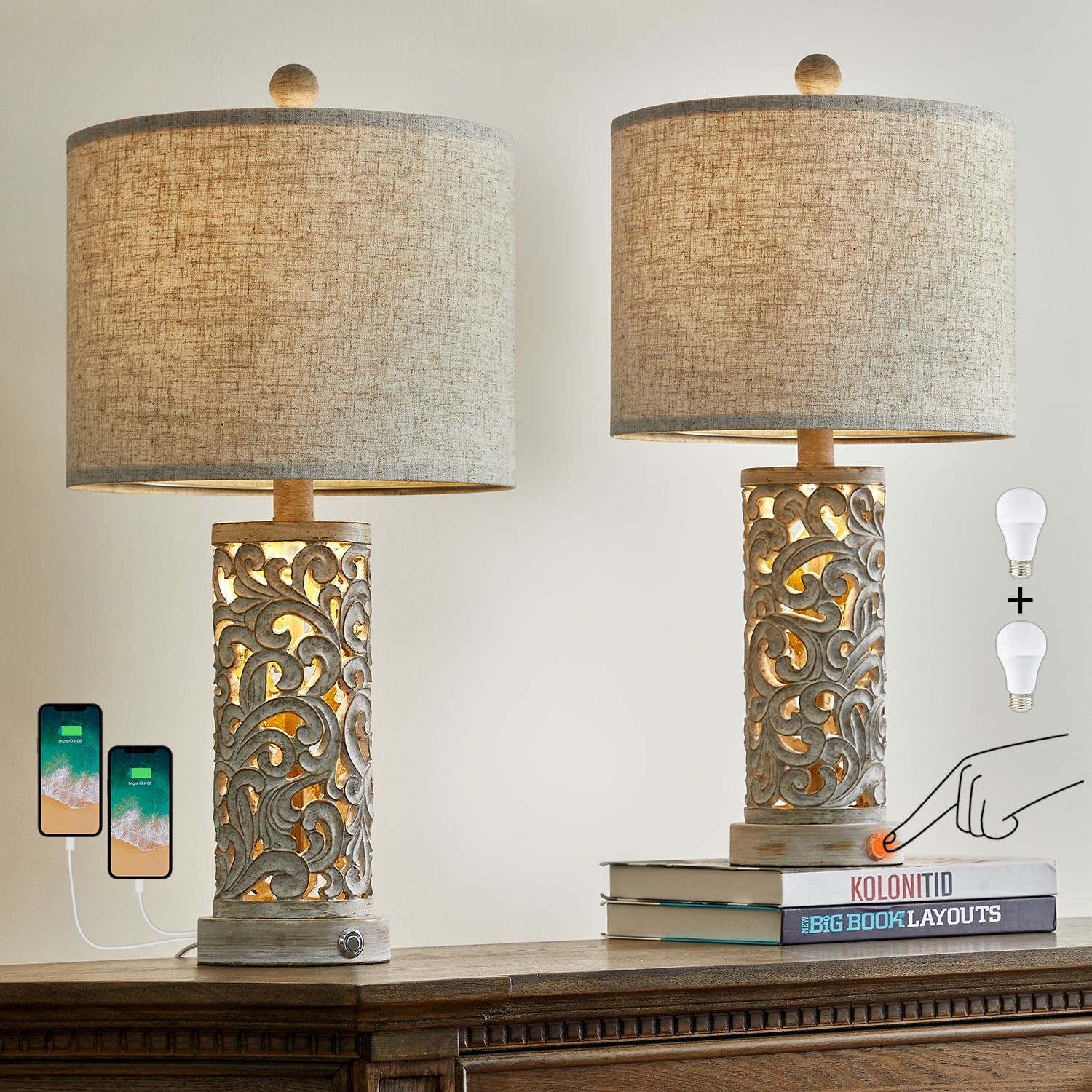 Oneach 3 Way Dimmable Table Lamp Set of 2 for Living Room Bedroom