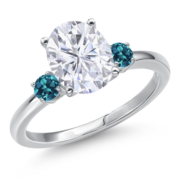 Gem Stone King 14K White Gold White Moissanite and London Blue Topaz Engagement Ring for Women | 3.26 Cttw | Oval 10X8MM | Gemstone Birthstone | Size 5