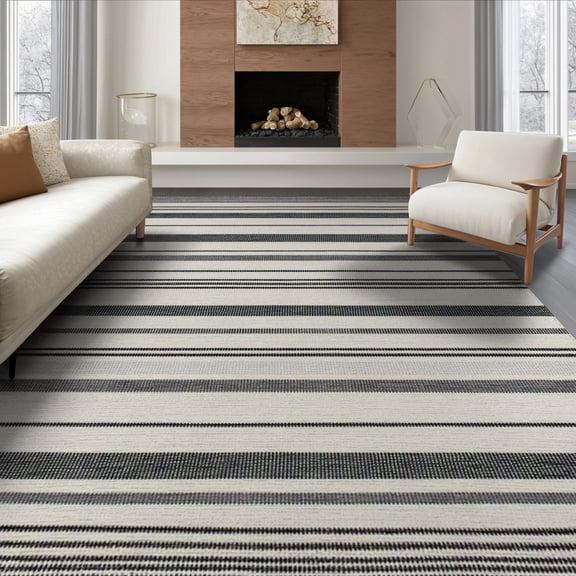 ODIKA 8'x10' Washable Area Rug Non-Shedding, Easy Care, Striped Modern Farmhouse With Bold Pinstripe And Banded Border for King Size Bedroom Under Bed, Master Suite