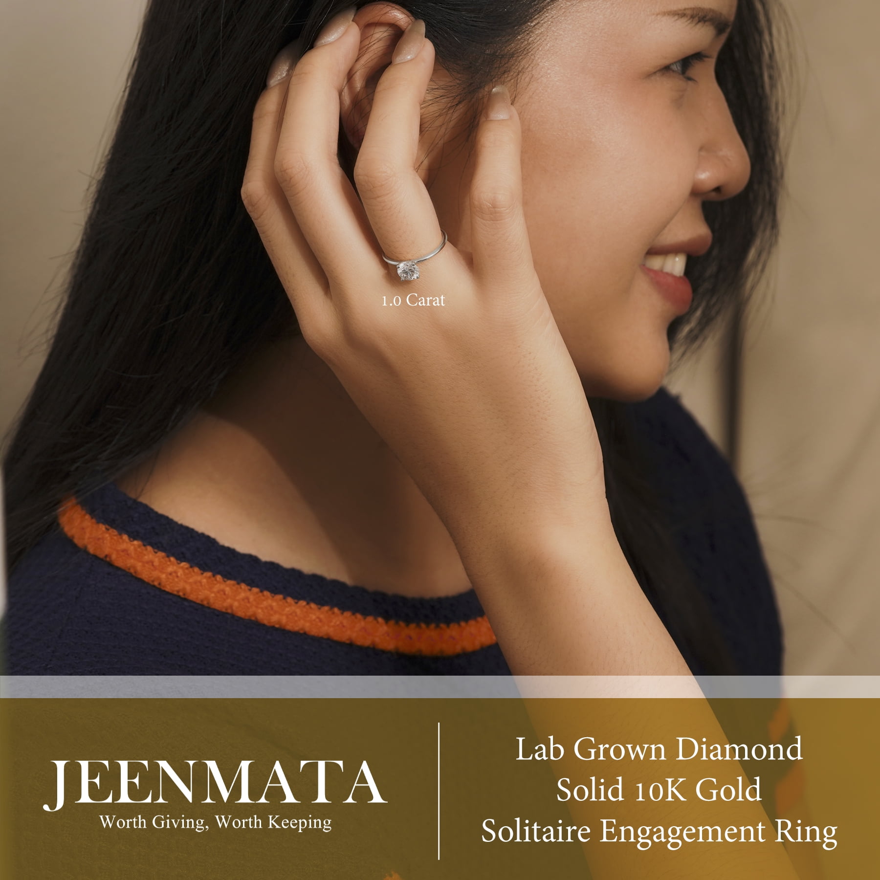 JeenMata Lab Grown Diamond 1 Carat Round Cut Solitaire Engagement Ring in Real Solid 10K White Gold for Women, Gift for Her, Female, Girlfriend